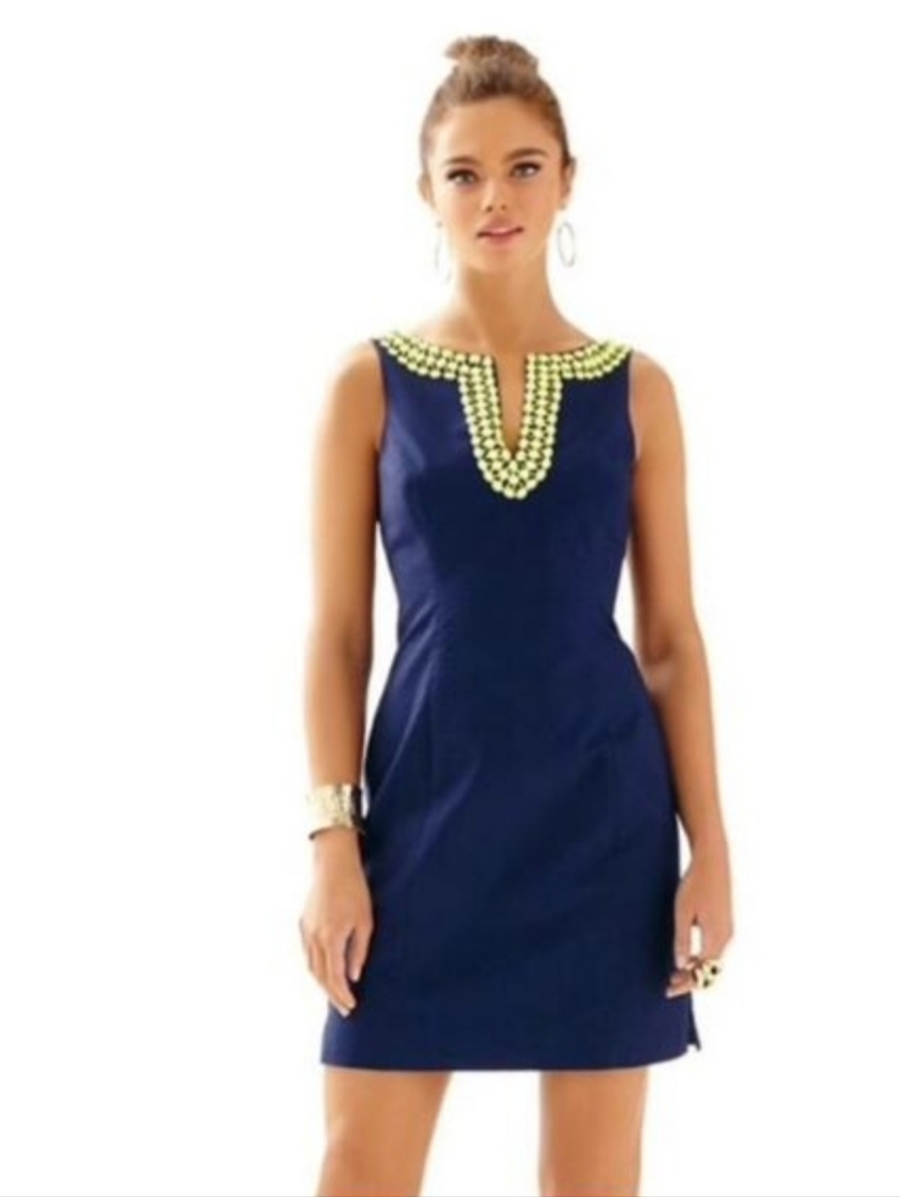 Lilly Pulitzer Navy Sleeveless Shift Dress with Yellow Beaded Neckline >like NEW